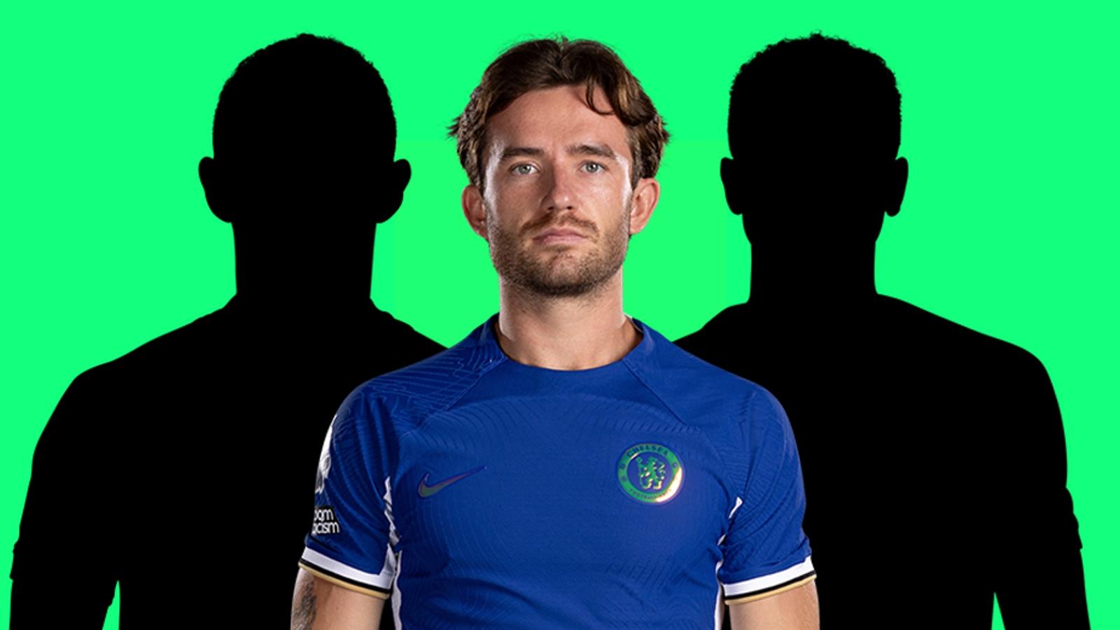 Ben Chilwell on green background with two player silhouettes behind him