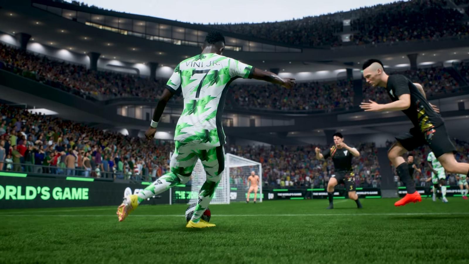 Vinicius Jr. cutting inside on the wing in EA FC 24 Ultimate Team trailer.