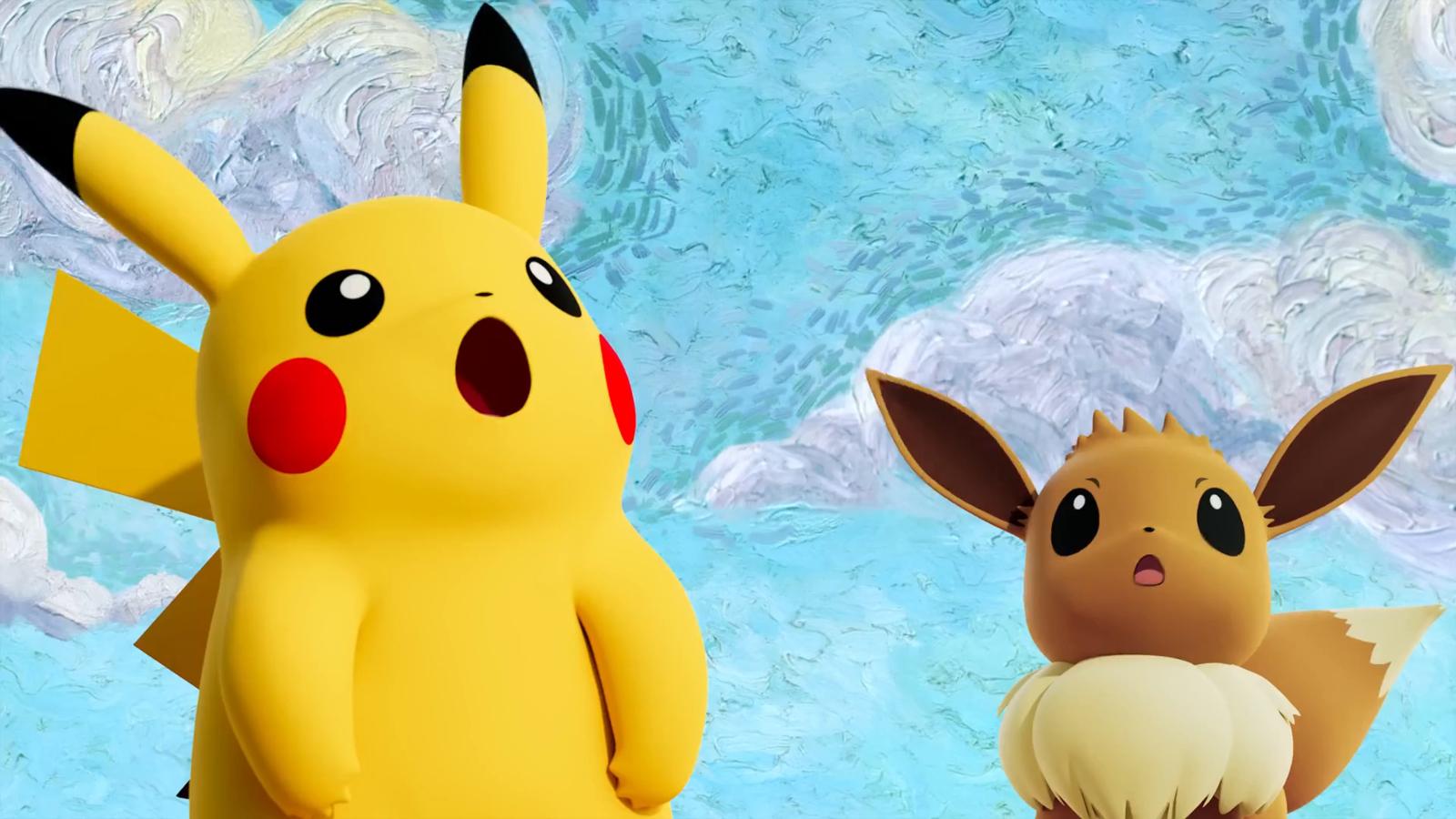 Pikachu and Eevee looking shocked in front of a Van Gogh style sky