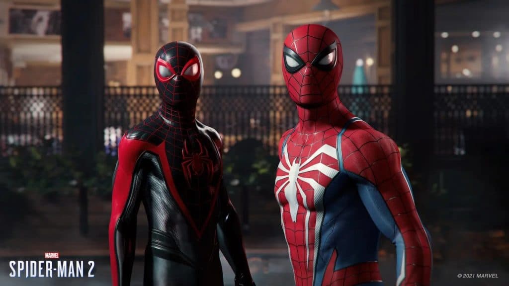 An image of Miles Morales and Peter Parker as Spider-Man in Marvel's Spider-Man 2.