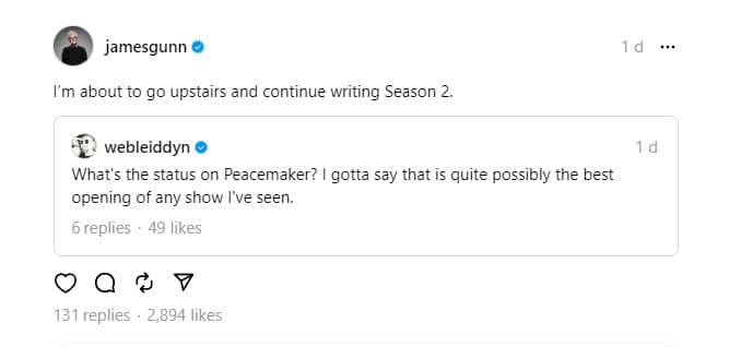 James Gunn talks to fans on Threads about Peacemaker Season 2