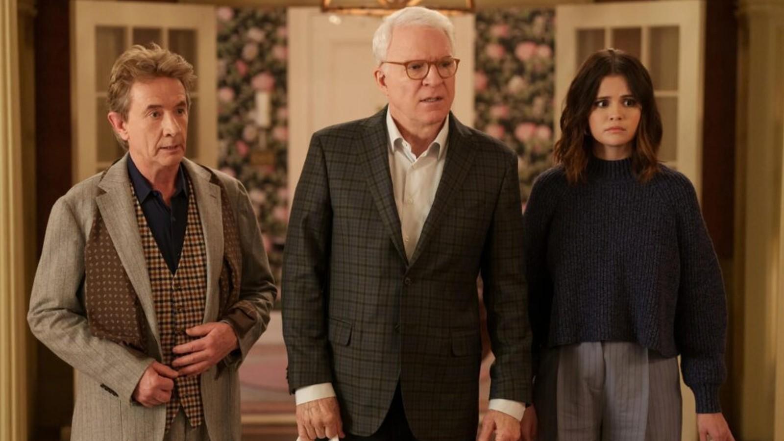 Martin Short, Steve Martin, and Selena Gomez looking shocked in Only Murders in the Building.