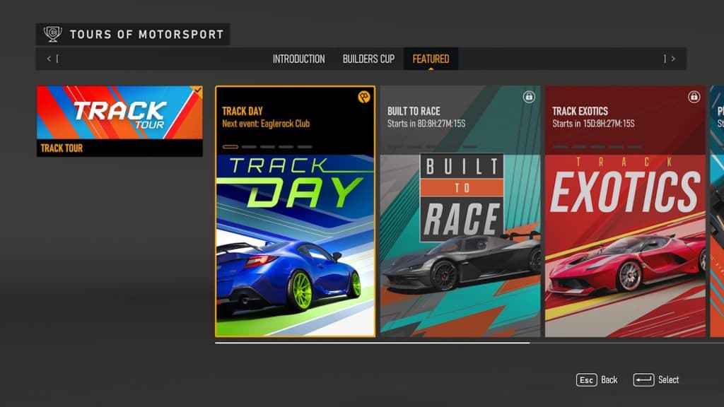 Featured Tours from Builder Cup single player career in Forza Motorsport.
