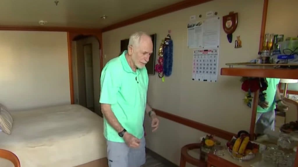 Marty Ansen inside his cabin on the cruise ship he and his wife boarded for over 450 days.