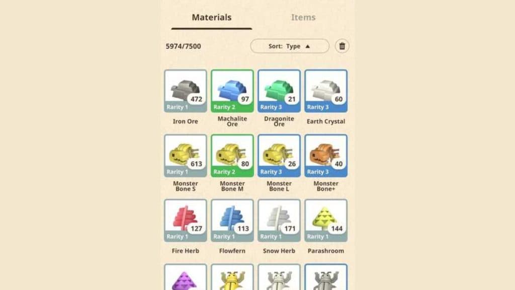 Monster Hunter Now inventory screen