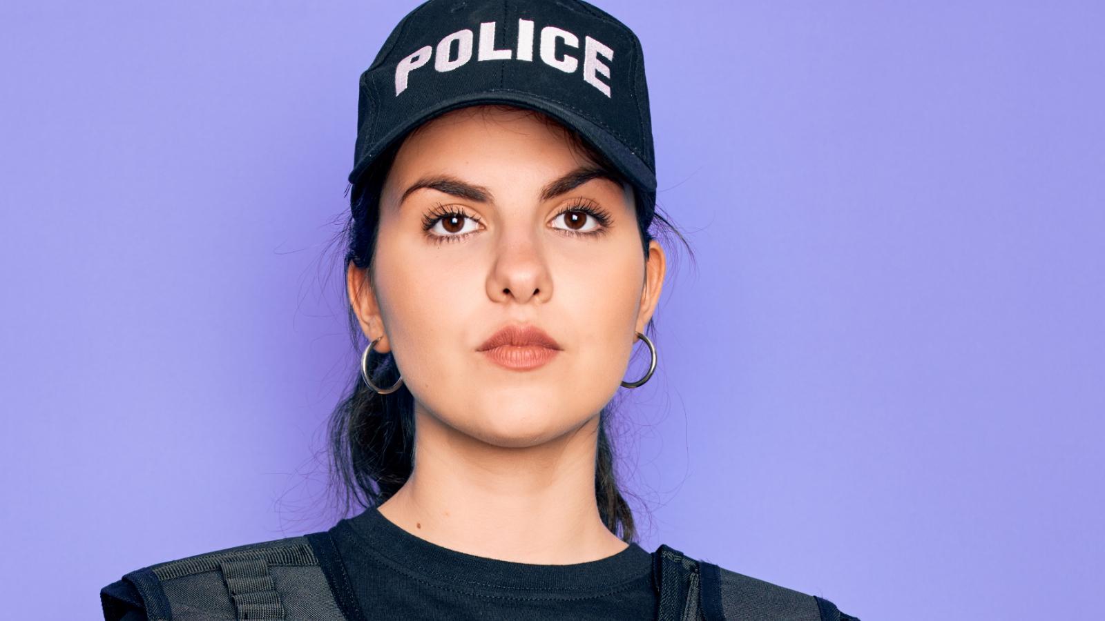 police officer with onlyfans against purple background