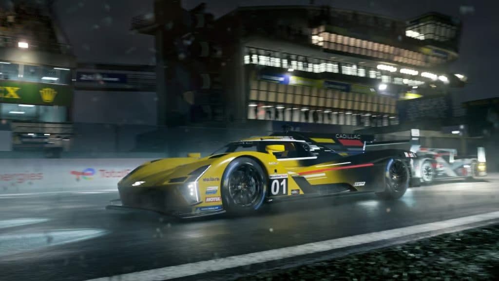 An promotional image from Forza Motorsport of a car racing around a track.