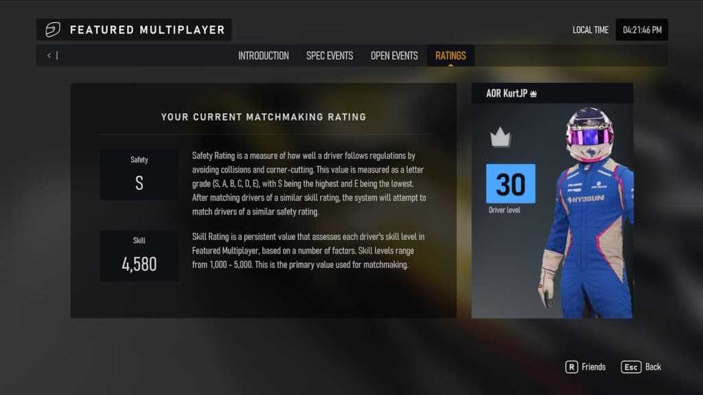 Player ratings for both skill rating and safety rating in forza motorsport multiplayer.