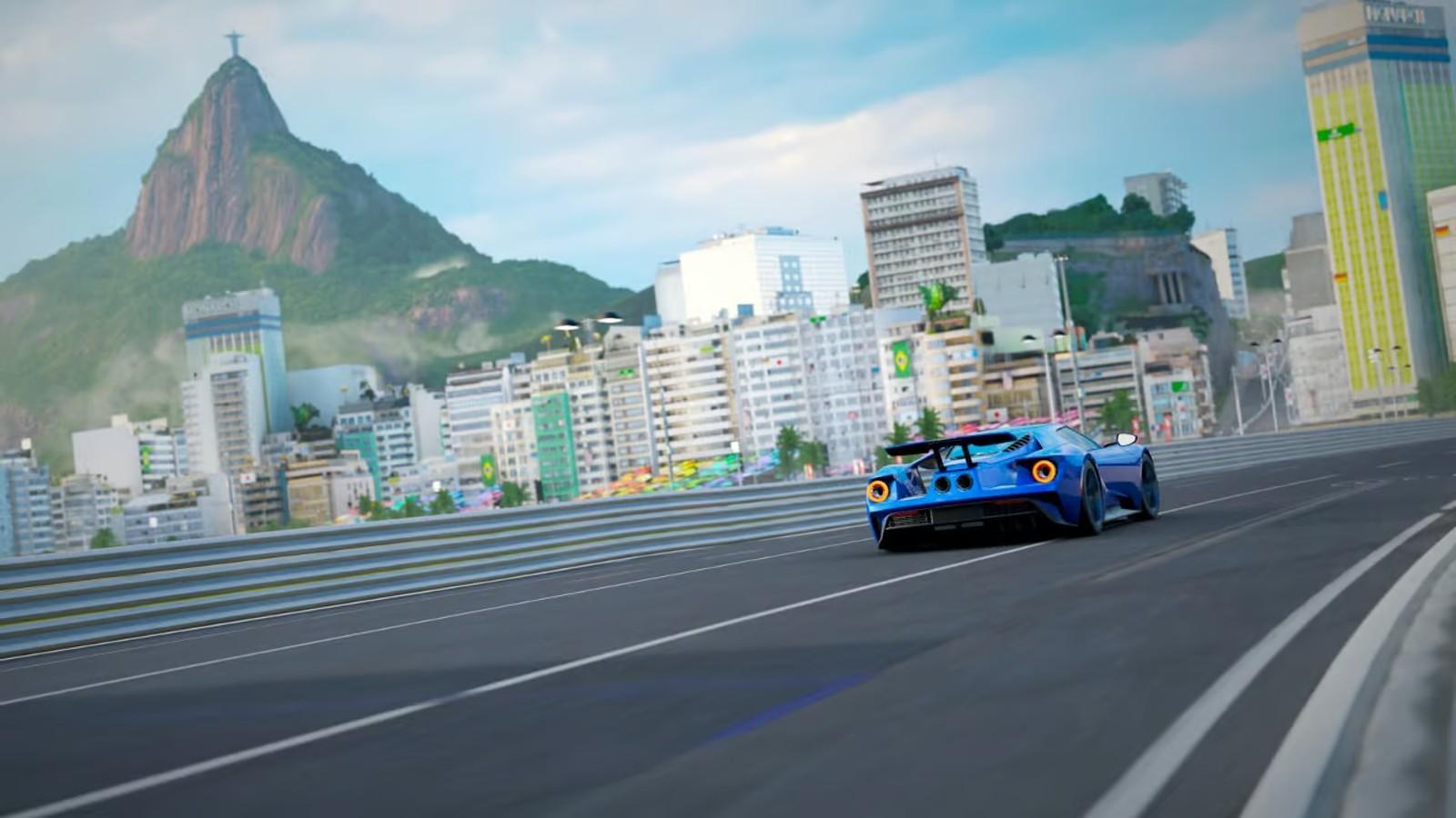 A promotional image from Forza Motorsport featuring a car driving round a race track.
