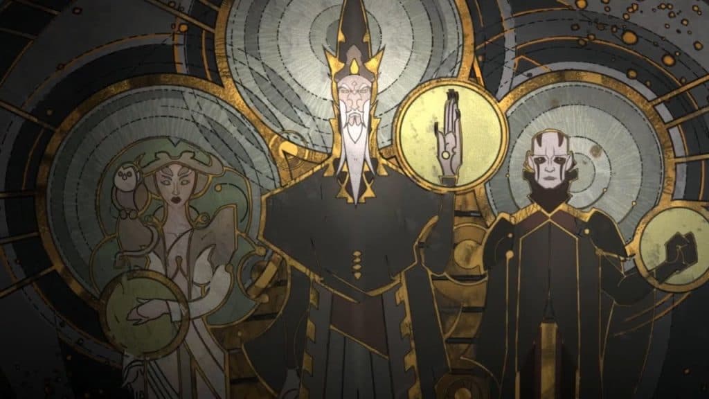 A mural of the Mortis Gods, including the Daughter, Father, and Son