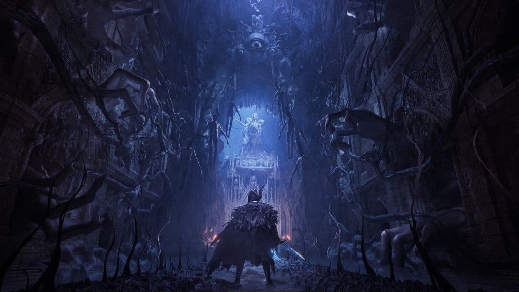 A promotional image from The Lords of the Fallen featuring the protagonist in a dark environment.