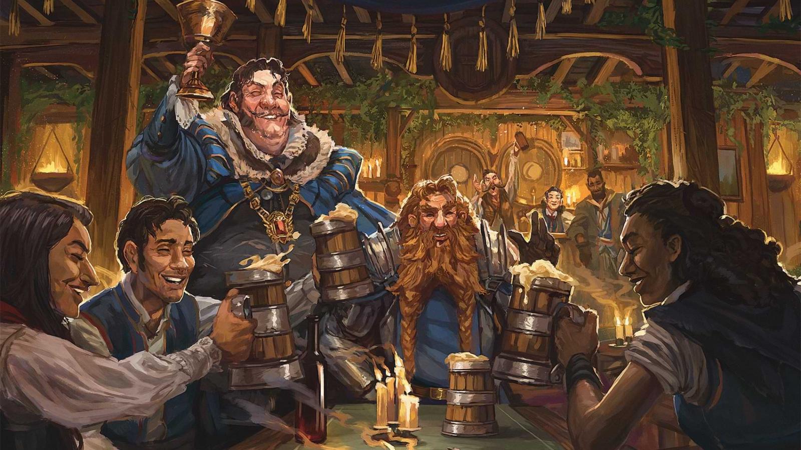 Official D&D art of characters drinking in a tavern or Bastion