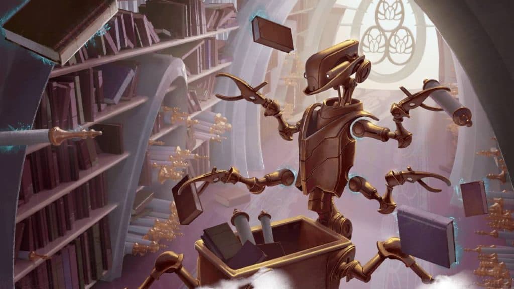 Official D&D art of a robot in a magic library