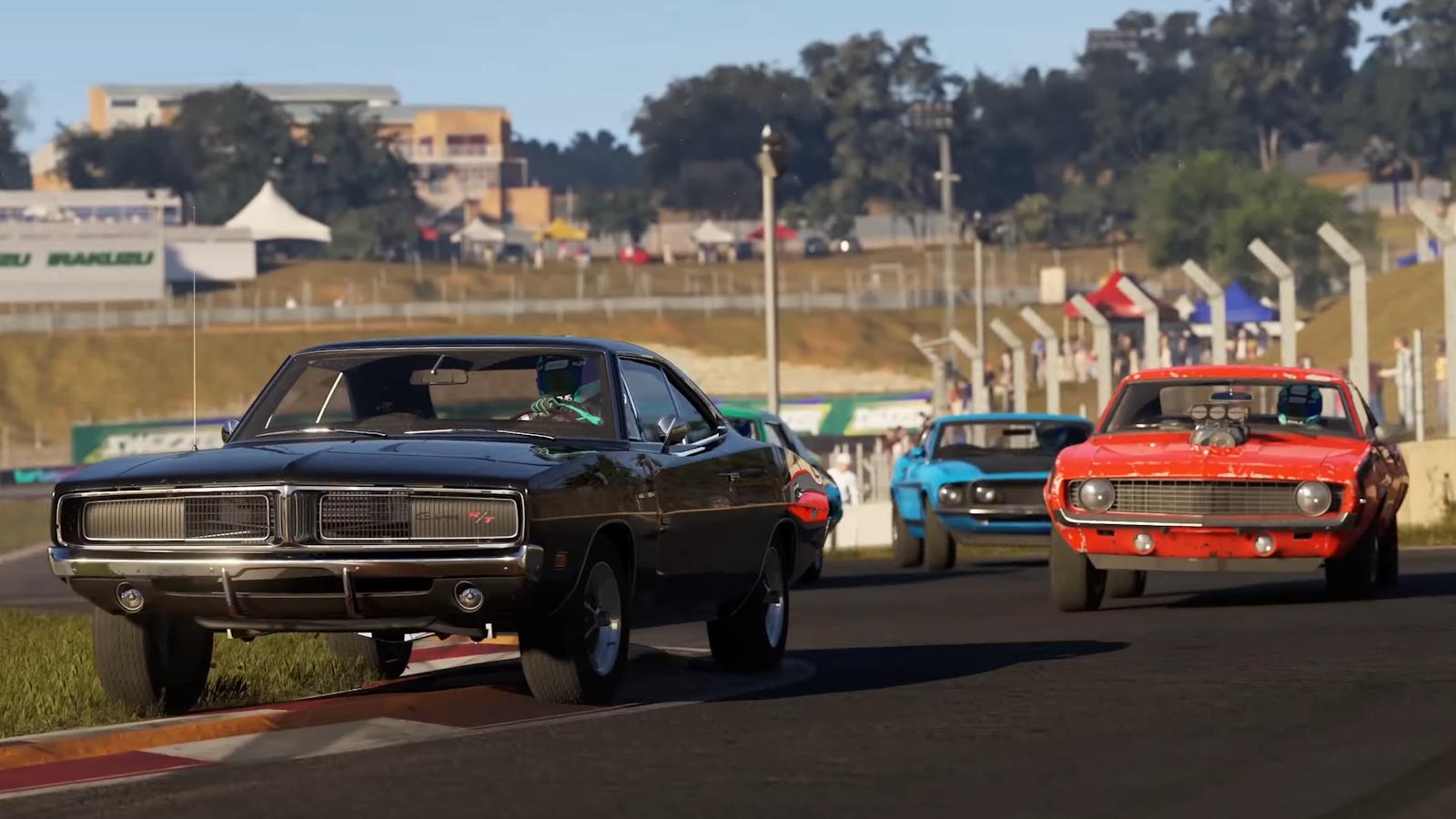 Collection of classic muscle cars racing in Forza Motorsport.