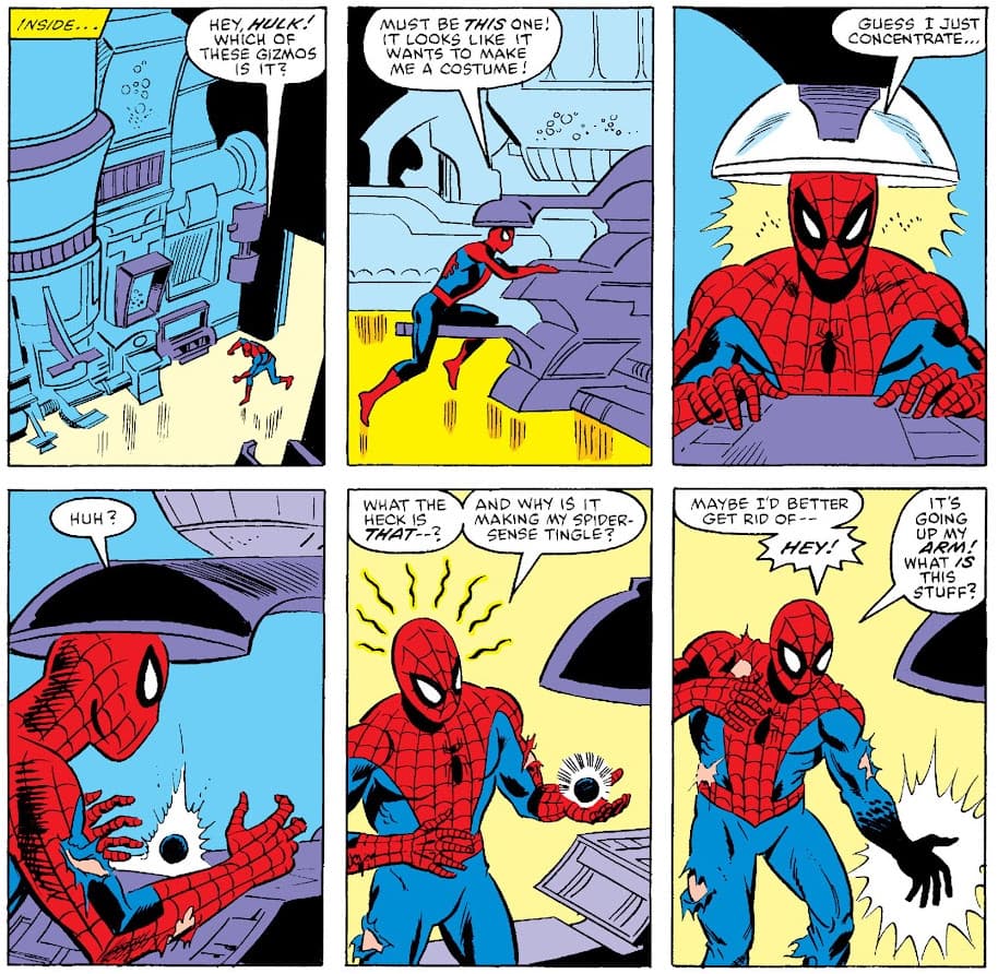 Spider-Man discovers the alien costume in Secret Wars #8