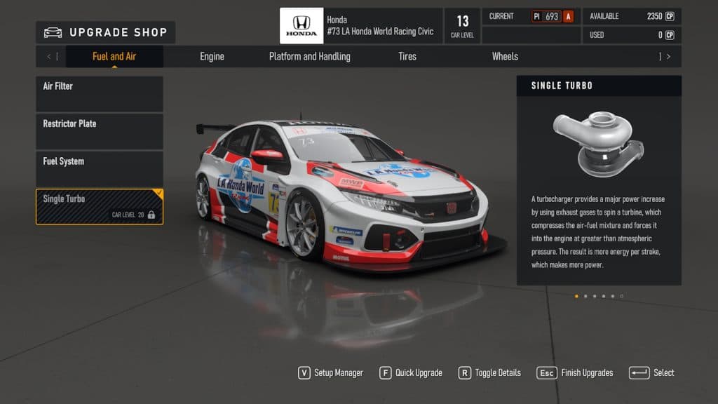 Honda Civic race car locked turbo upgade until level 20 in Forza Motorsport.