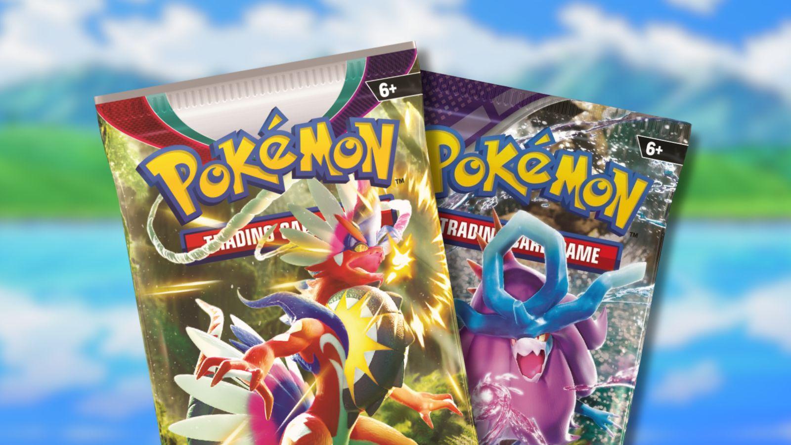 Scarlet and Violet and Temporal Forces Booster Packs with game background.