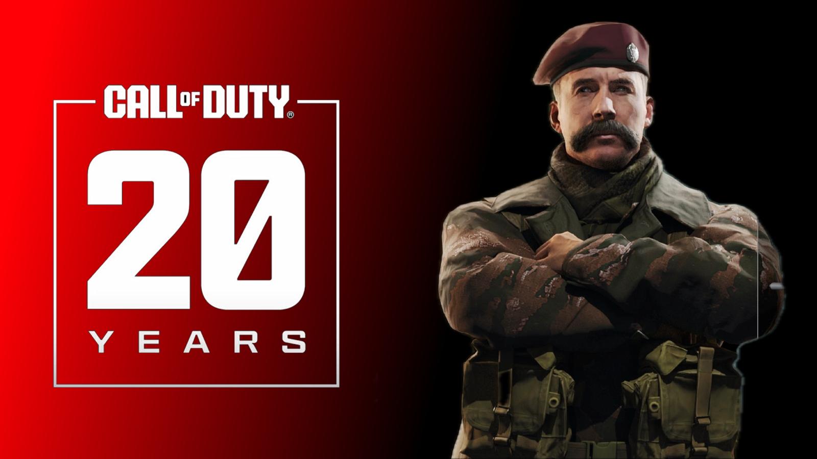 20 years of call of duty logo next to COD 2 old school Capt Price Operator skin