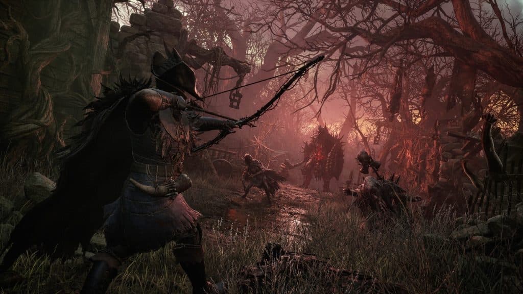 A promotional image from The Lords of the Fallen featuring the protagonist with a bow and arrow in combat.