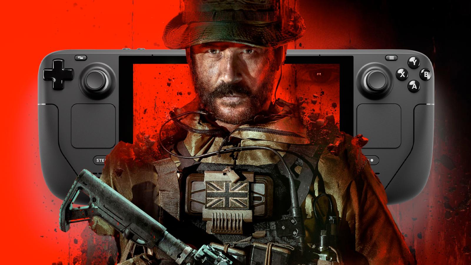 Modern Warfare 3 key art of captain price in front of a steam deck