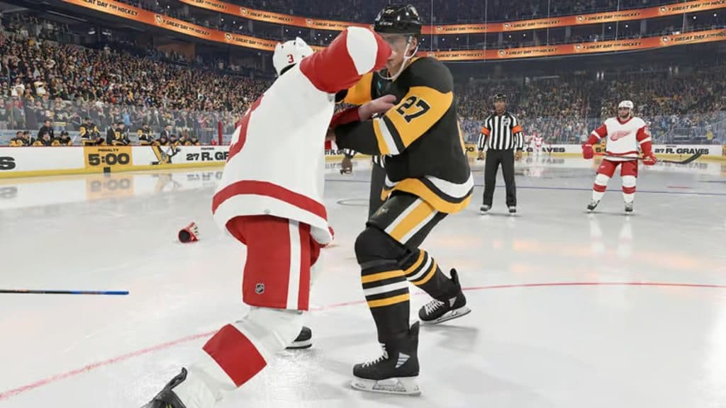 An image of two players fighting in NHL 24.