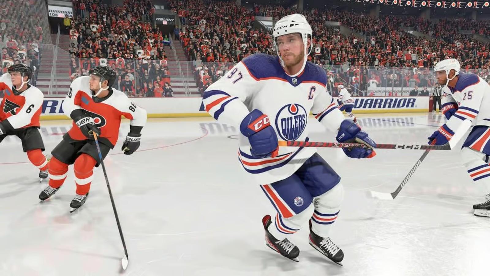 A promotional image from NHL 24 of players in the middle of a hockey game.
