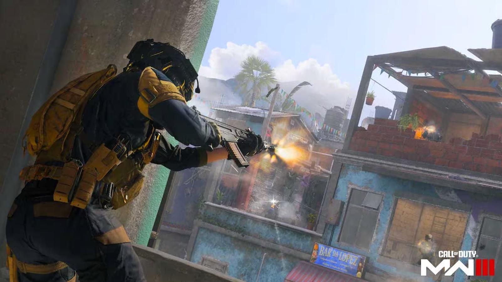 Modern Warfare 3 operator firing out of a window on Favela map