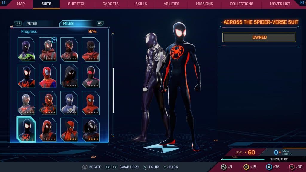An image of the Miles Morales Across The Spider-Verse suit in Marvel's Spider-Man 2.