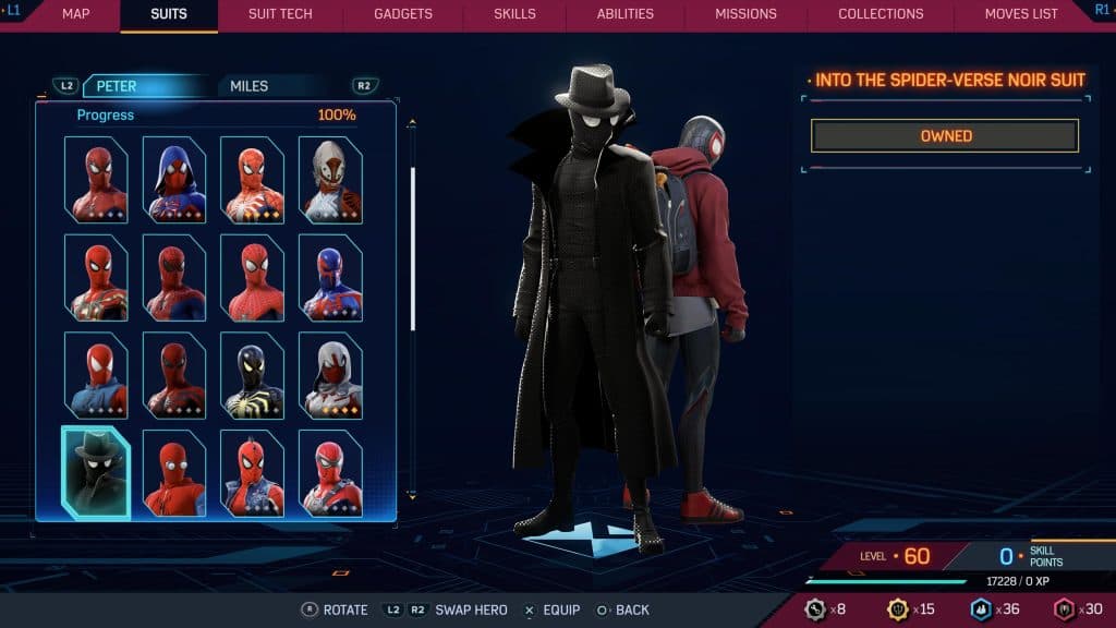 Into the Spider-Verse Noir suit from Marvel's Spider-Man 2