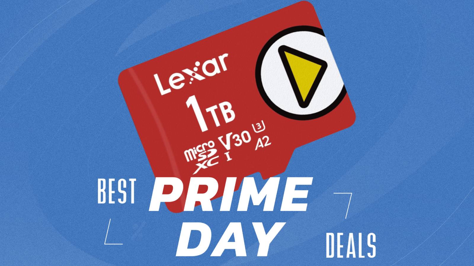 Prime Day lettering on a blue background featuring a MicroSD card