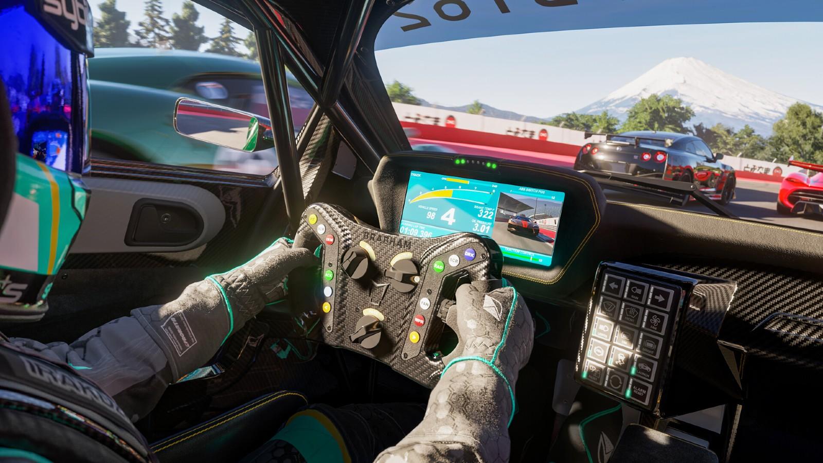 An image from Forza Motorsport of a driver in a car.