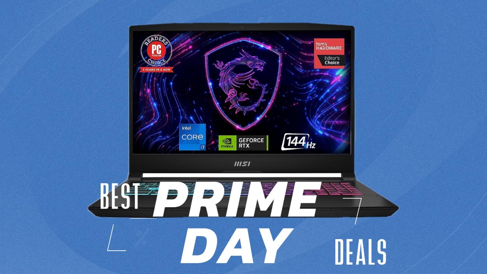 Gaming laptop on blue background with prime day lettering
