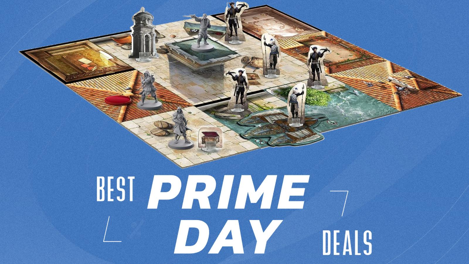 Assassin's creed board game pieces on blue Prime Day background