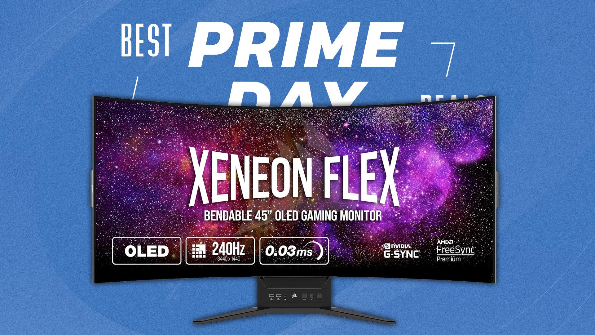 Xeneon Flex monitor from Corsair on top of standard thumbnail saying best prime day sales on a blue background