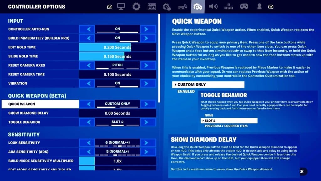 Quick Weapon setting menu Fortnite