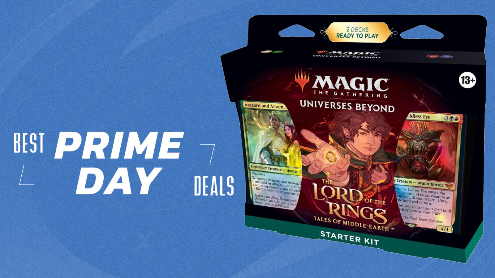 MTG Lord of the rings decks on blue background with Prime Day deals lettering