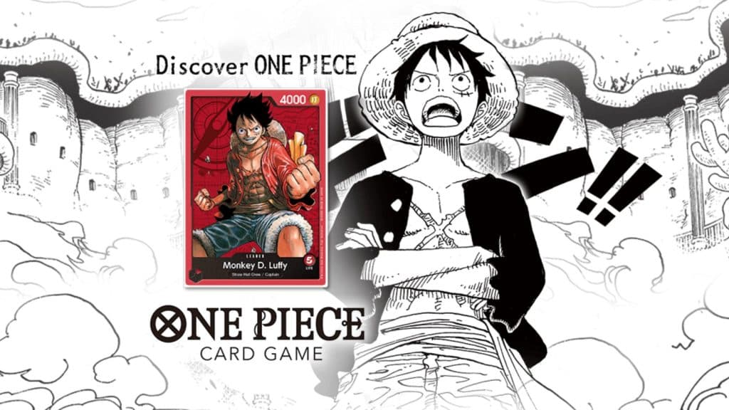 One Piece TCG card with manga background