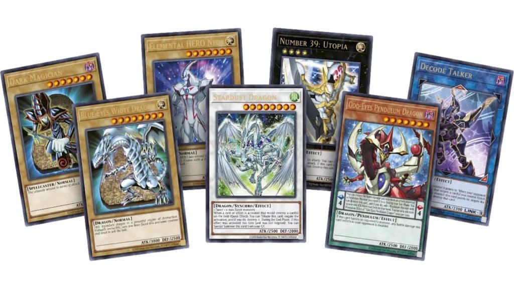 Five yugioh cards on white background