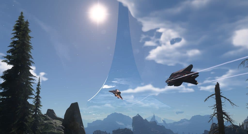 Halo ships fly through the sky (Forge AI Toolkit story)