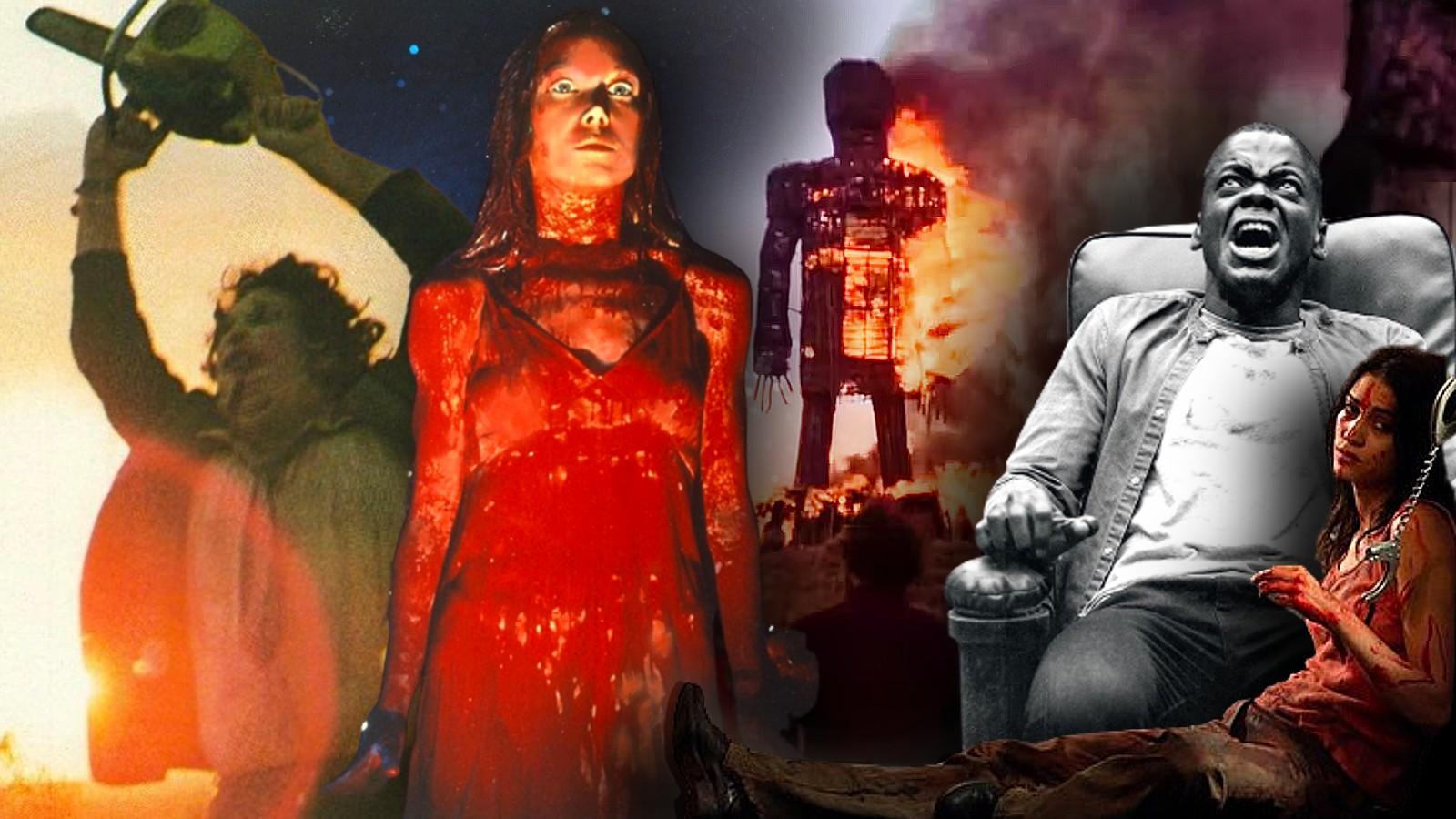 Stills from The Texas Chainsaw Massacre, Carrie, The Wicker Man, Get Out, and Martyrs
