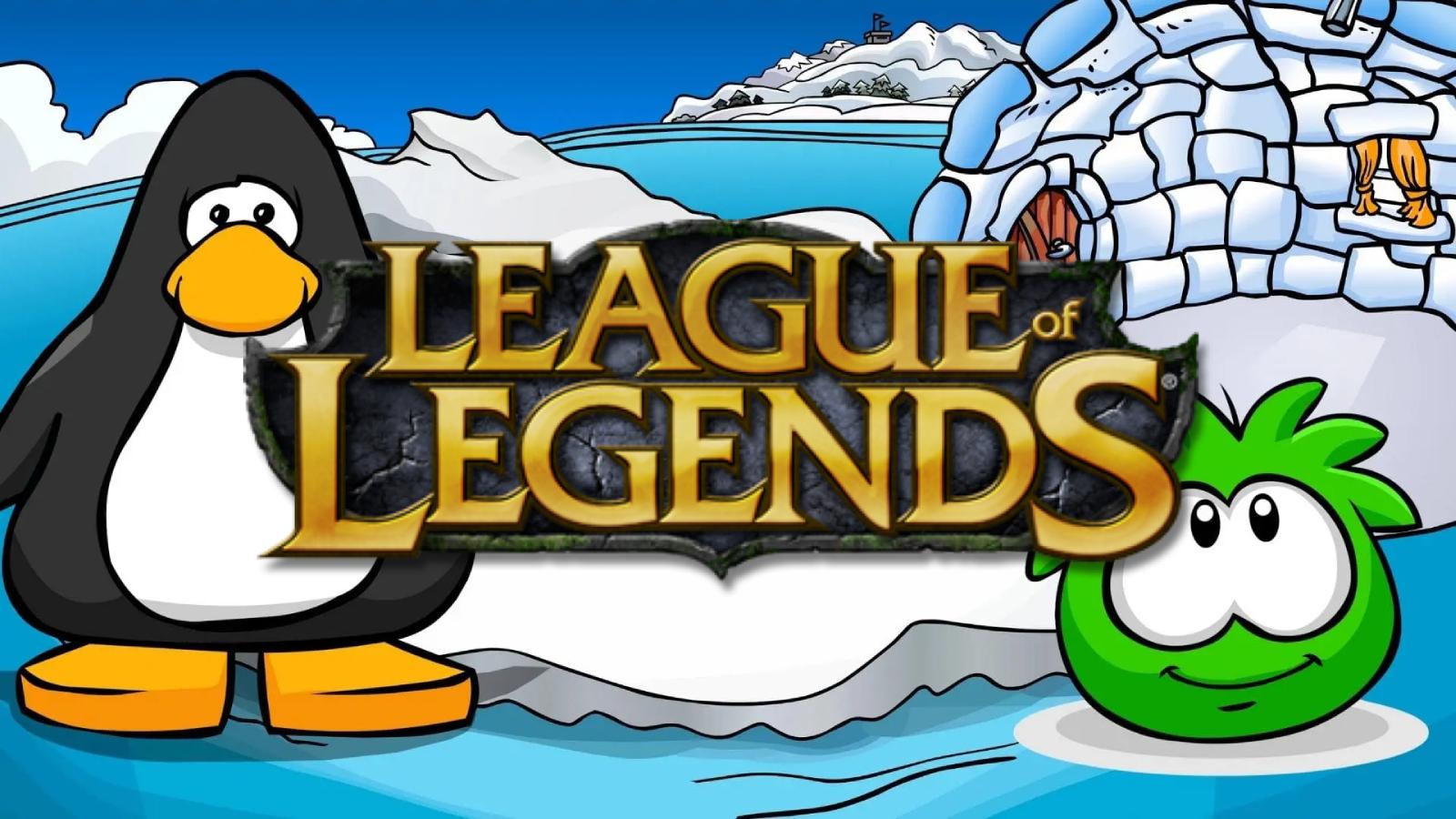 Club Penguin with LoL logo over it