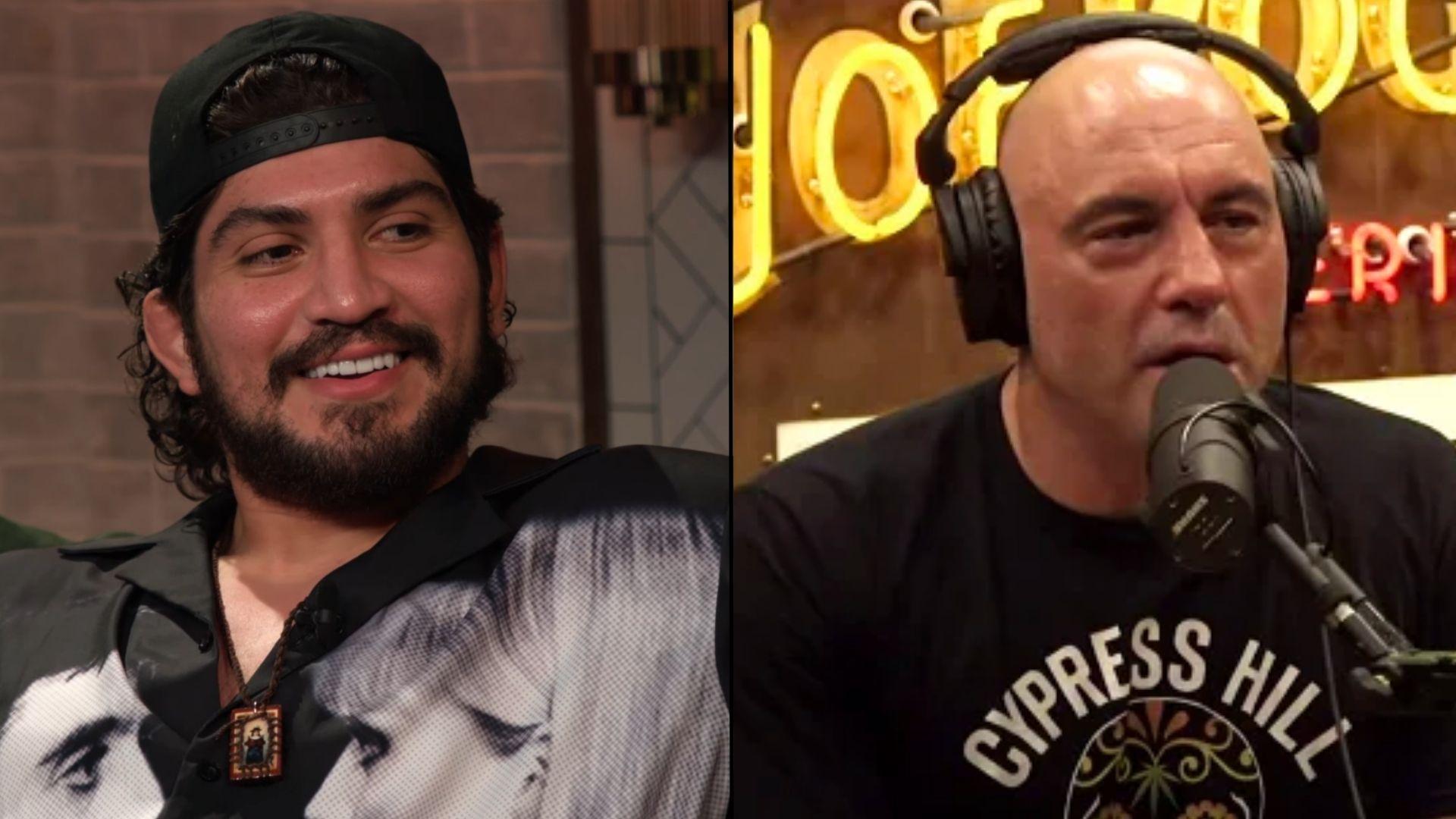 Dillon Danis side-by-side with Joe Rogan talking to podcast mics