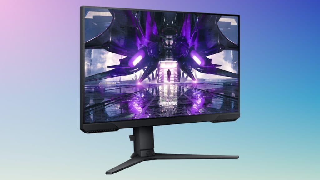Samsaung Gaming Monitot G32A at a cantered angle on blue background