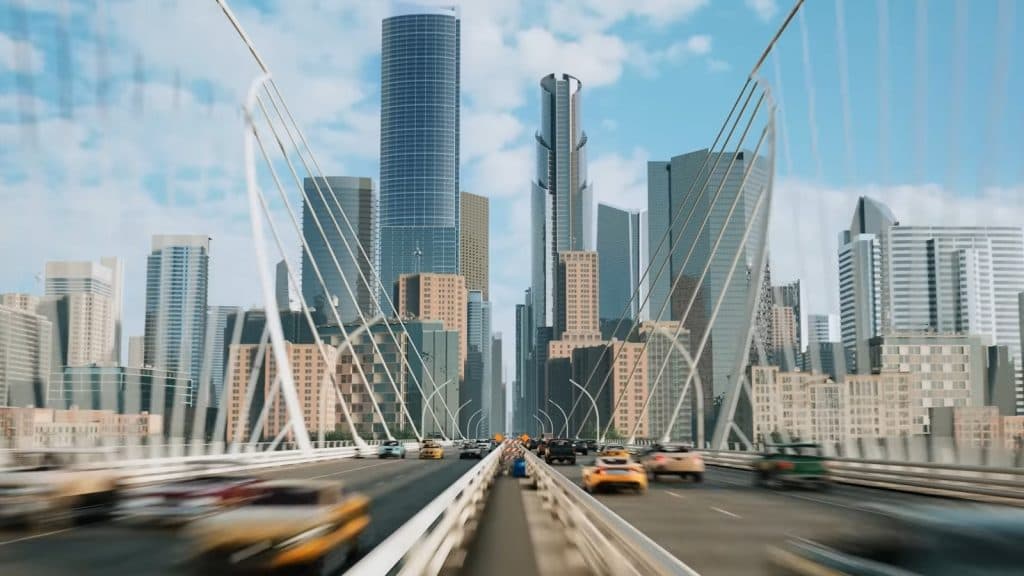 Cities SKylines 2 traffic and bridge with cityscape in background.