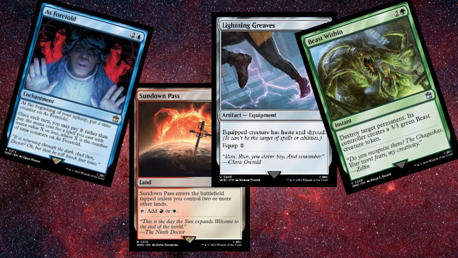 MTG Doctor Who Reprints header - four magic cards on space background