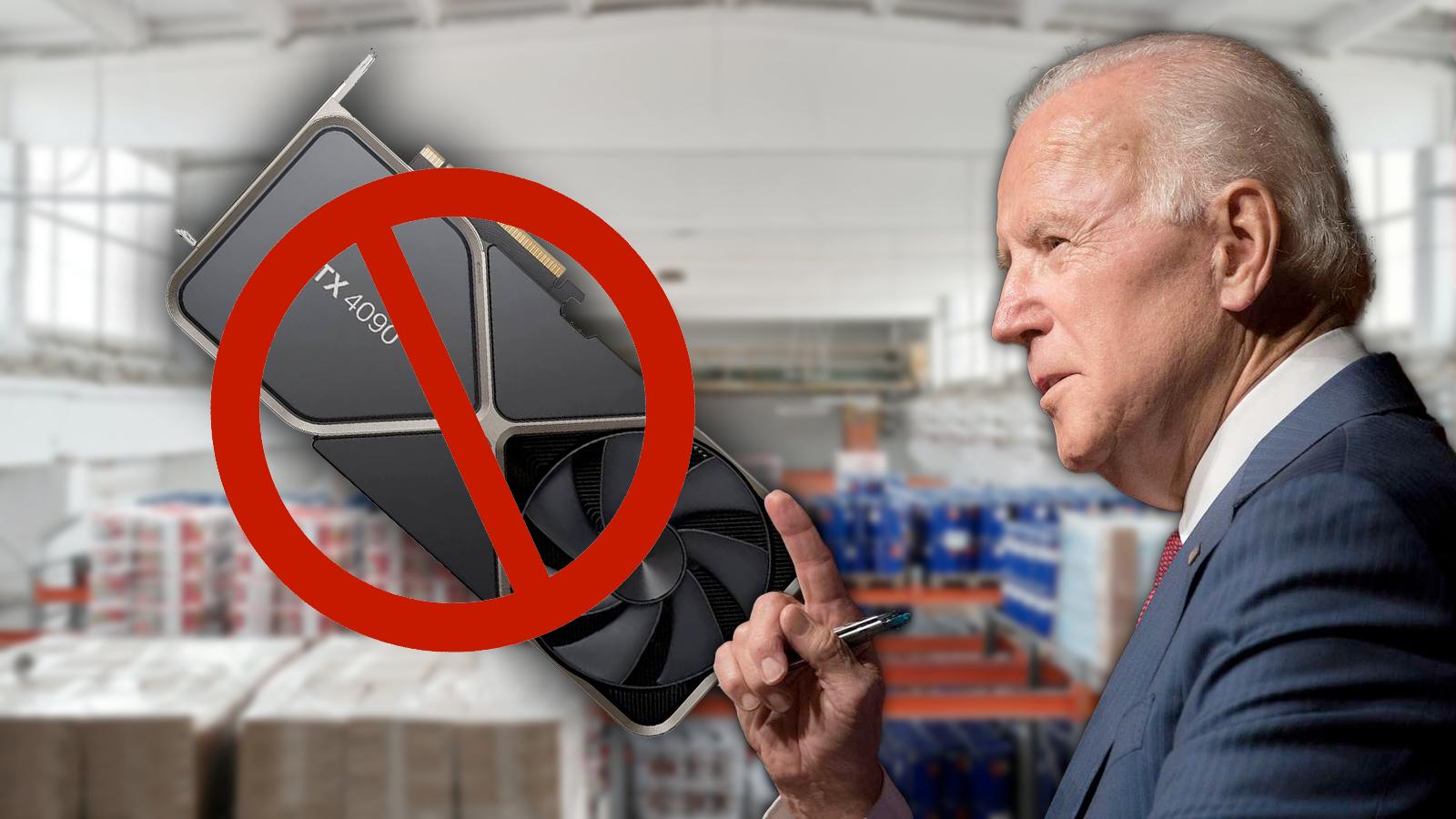 joe biden next to an rtx 4090 with a blocked circle on top and a warehouse in the background to represent china shipments