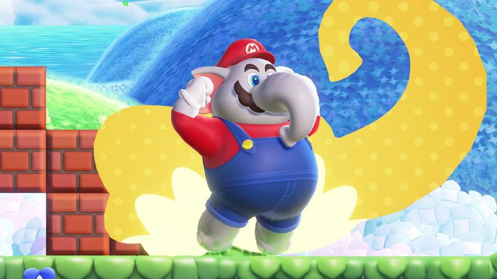 An image of Mario as an elephant in Super Mario Bros. Wonder.