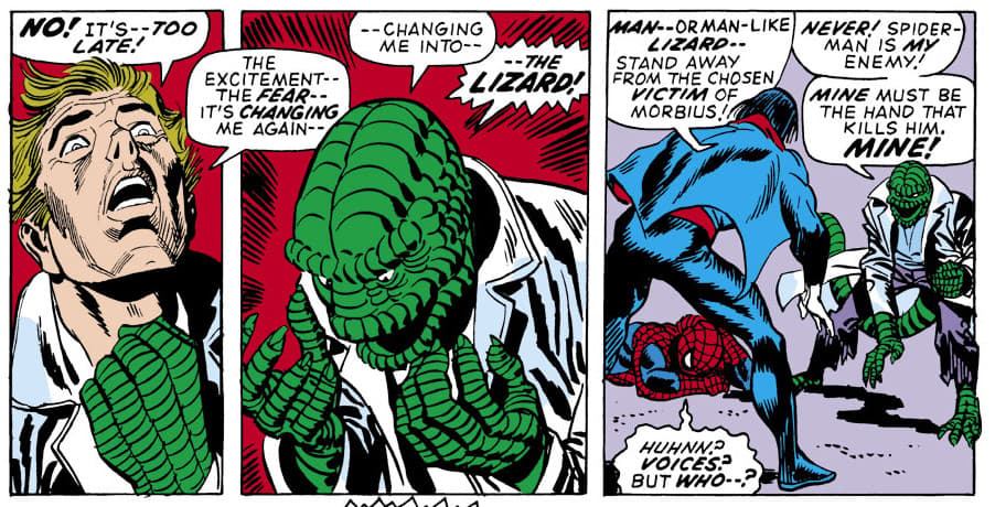 Doctor Connors changes into the Lizard after being attakced by Morbius