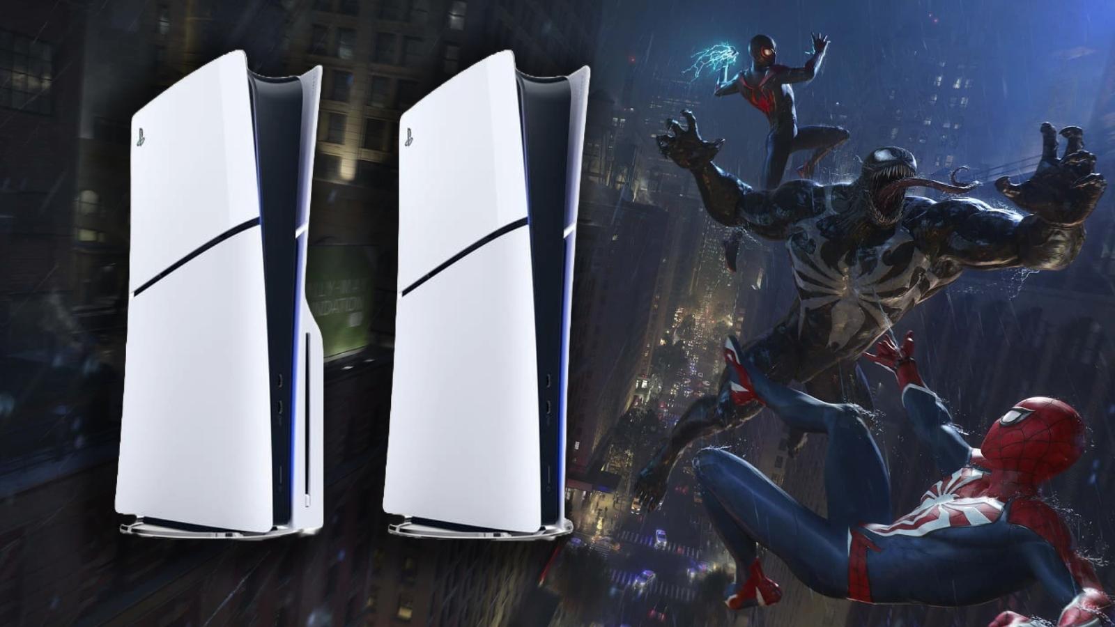PS5 Slim console next to dark image of Spider-Man 2