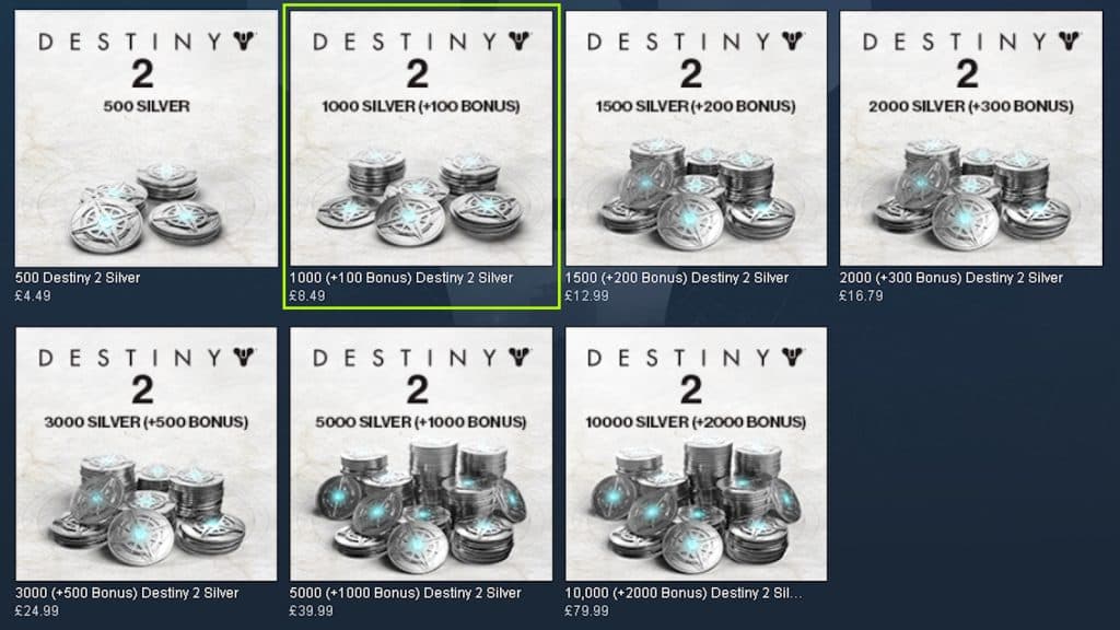 Current Silver prices as of 2023 in Destiny 2.